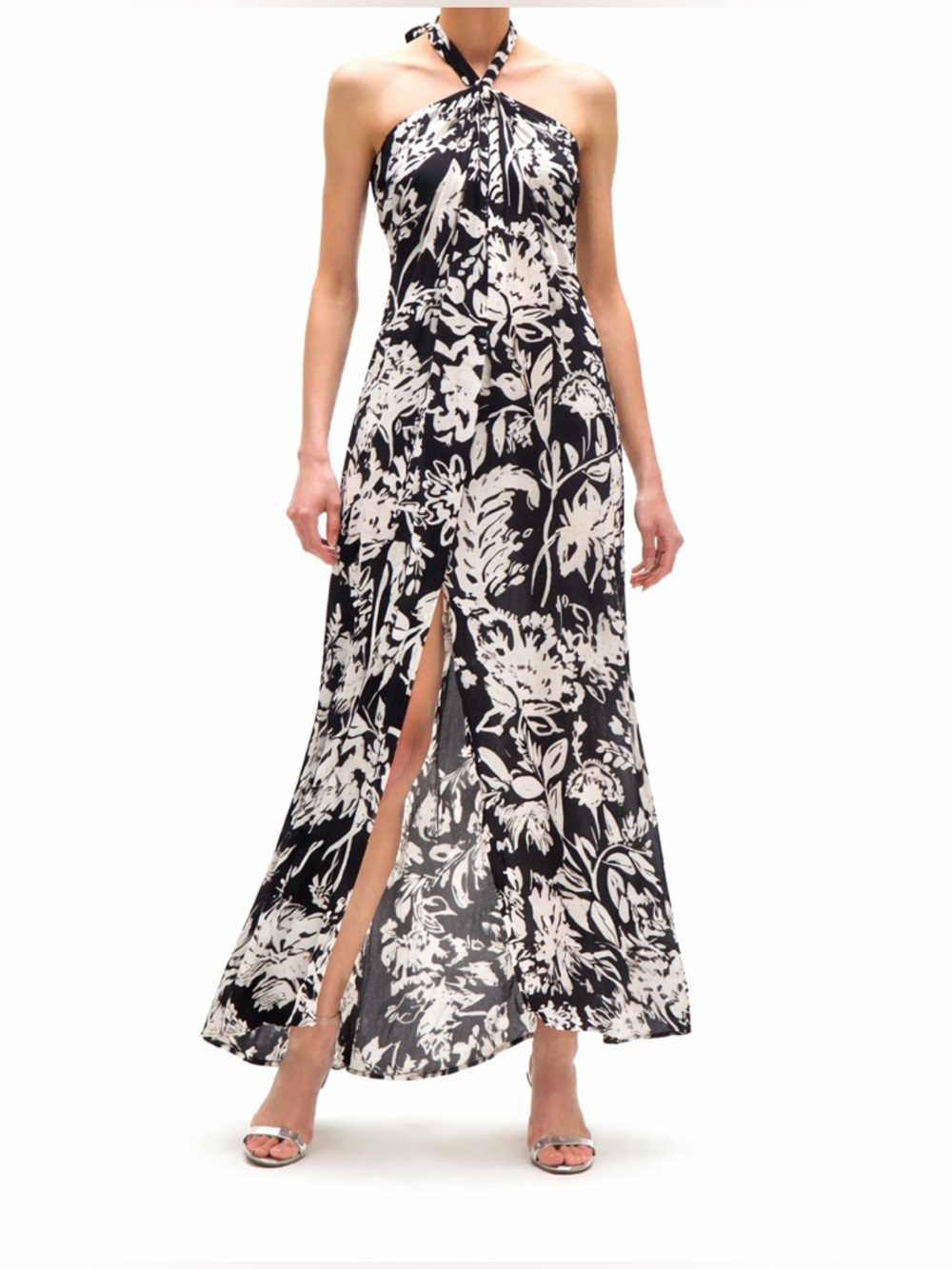 Figue Elenor Halter Maxi Dress Black White Floral Print Size 8‎ NWT